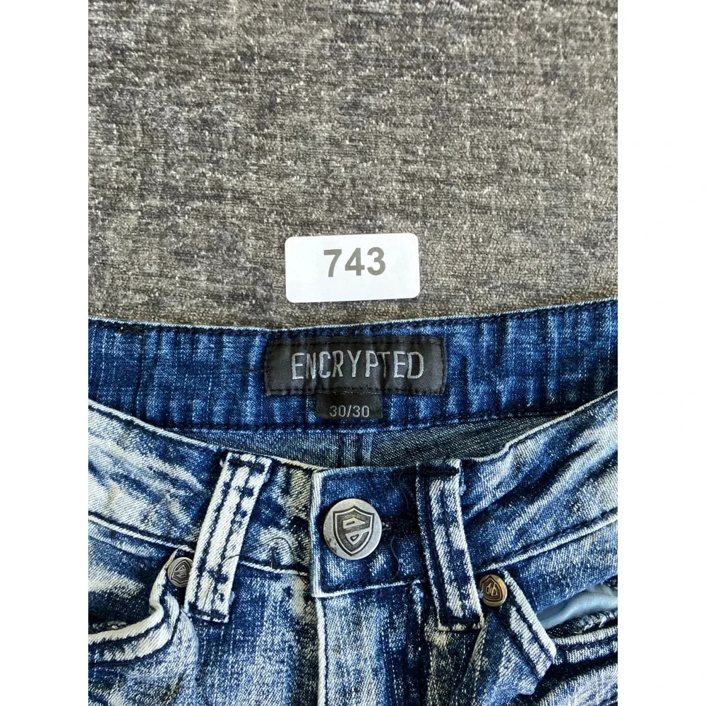Encrypted Skinny Jeans Men 30x30 Blue Denim Cotton Acid Wash Low Rise Distressed
